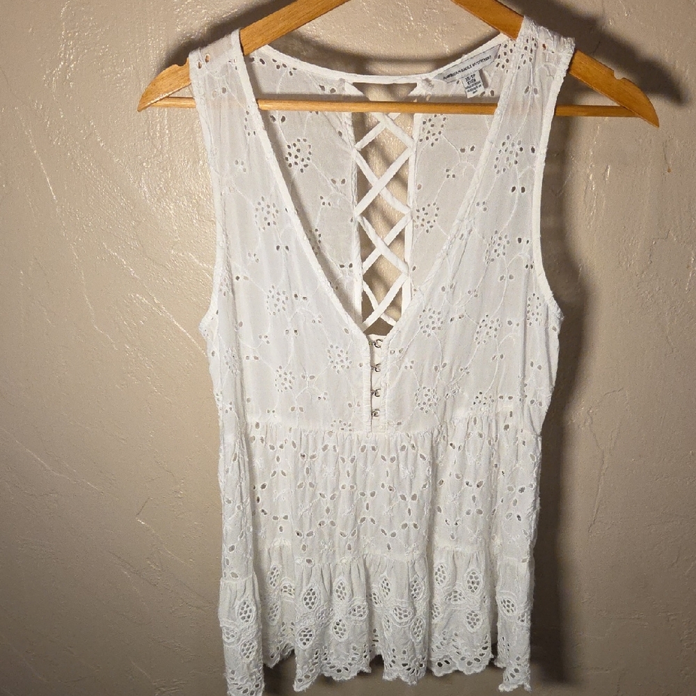 American Eagle Outfitters White Eyelet Lace-Up Peplum Tank Size XS